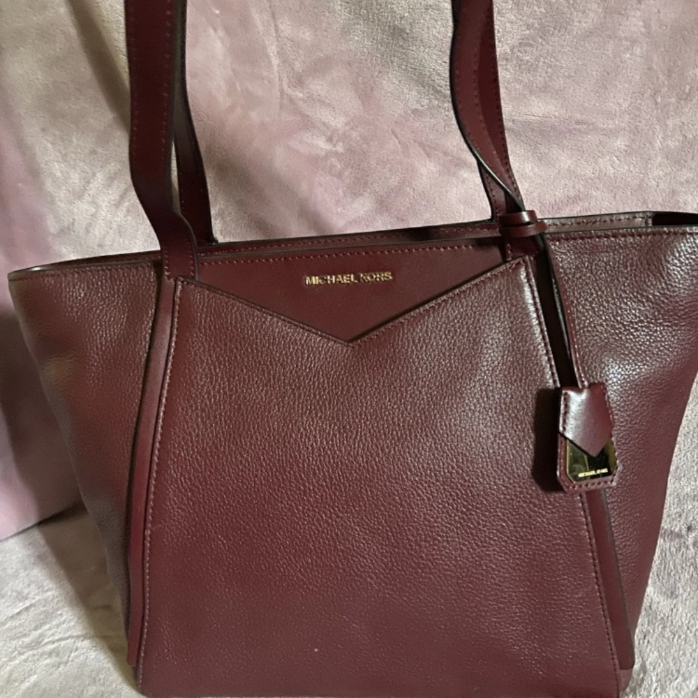 Michael Kors Deep Burgundy Pebbled Leather Tote with Bag Charm EUC